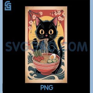 Cat Eating Ramen Vintage PNG, Retro Japanese Food PNG