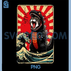 Cat Monster PNG, Waves Red Sun Japanese PNG, Catzilla Kaiju PNG