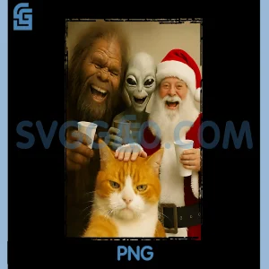 Cat Selfie with Bigfoot PNG, Alien & Santa PNG, Funny Christmas PNG