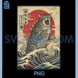 Catzilla Cat Japanese Wave Art PNG, Funny Monster PNG