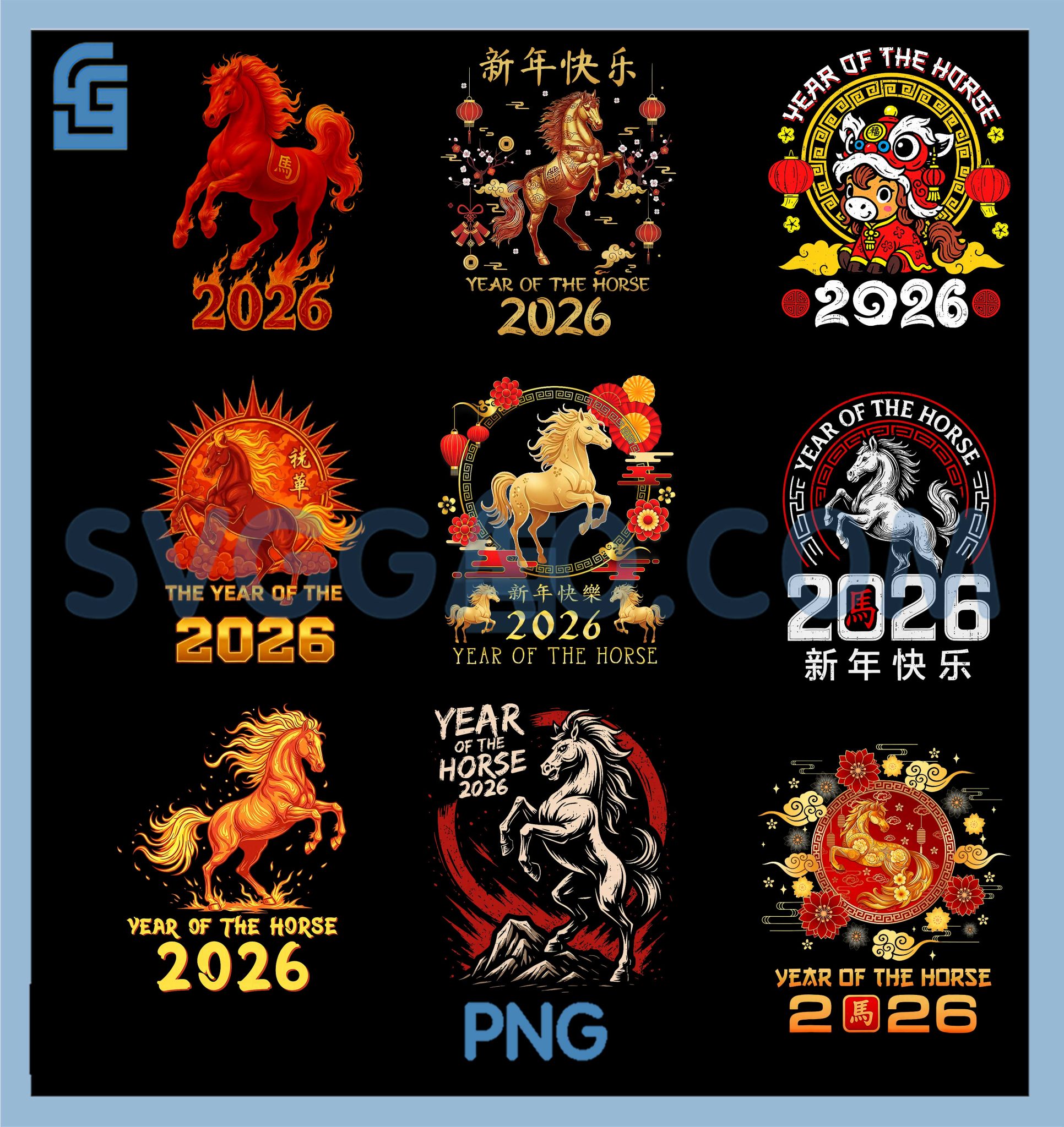 Fire Horse Zodiac 2026 PNG Bundle, Lunar New Year Chinese Horse Design ...
