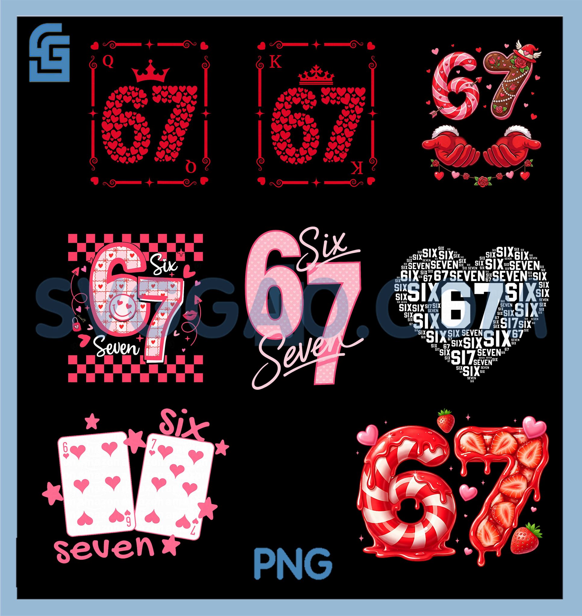 Six Seven 67 Valentine Design PNG Bundle, Cute Heart Card Art PNG – SVGGAO