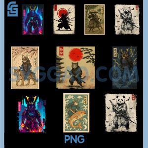 Japanese Samurai Animal Art Bundle PNG, Cyberpunk Ukiyoe Warrior PNG