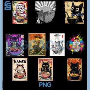 Cat Eating Ramen Art PNG Bundle, Japanese Kawaii Food Illustration PNG