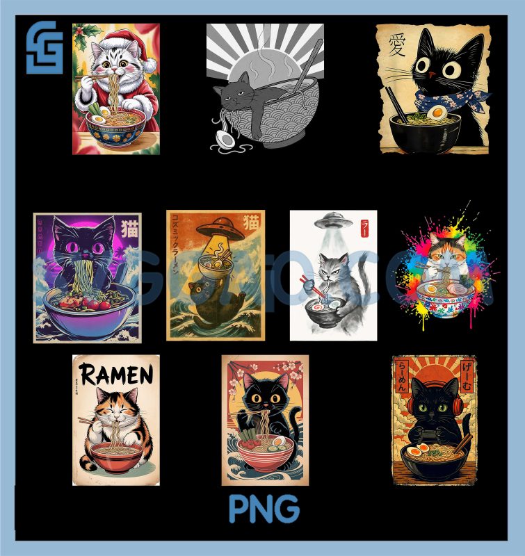 Cat Eating Ramen Art PNG Bundle, Japanese Kawaii Food Illustration PNG ...