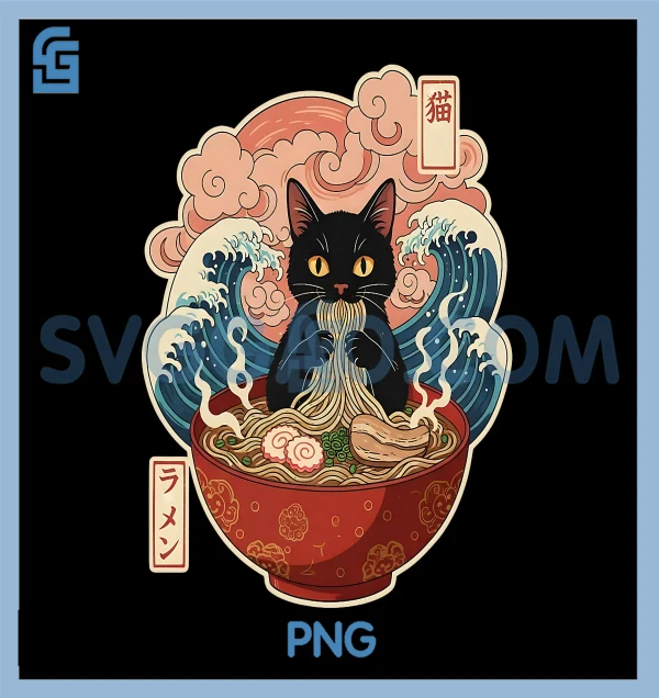 Funny Anime Cat Eating Ramen PNG, Japanese Noodle Graphic Kawaii PNG ...