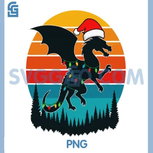 Christmas Dragon with Santa PNG, Santa Hat and Lights Fantasy PNG